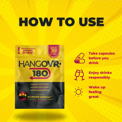 Hangovr 180 Tri-Power Before Drinking Defense 4 Pack - Support Liver & Brain Health, Feel Fresher & Better Energy - - Take Before Drinking for Relief, 3 Capsules per Pouch HANGOVR-180Buy Supplements Australia