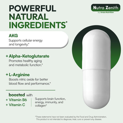 AKG Anti-Aging & Energy Boost Supplement with Vitamin B6, Vitamin C & L-Arginine – 60 Capsules for Youthful Skin, Cellular Renewal & Vitality Support Arazo NutritionBuy Supplements Australia