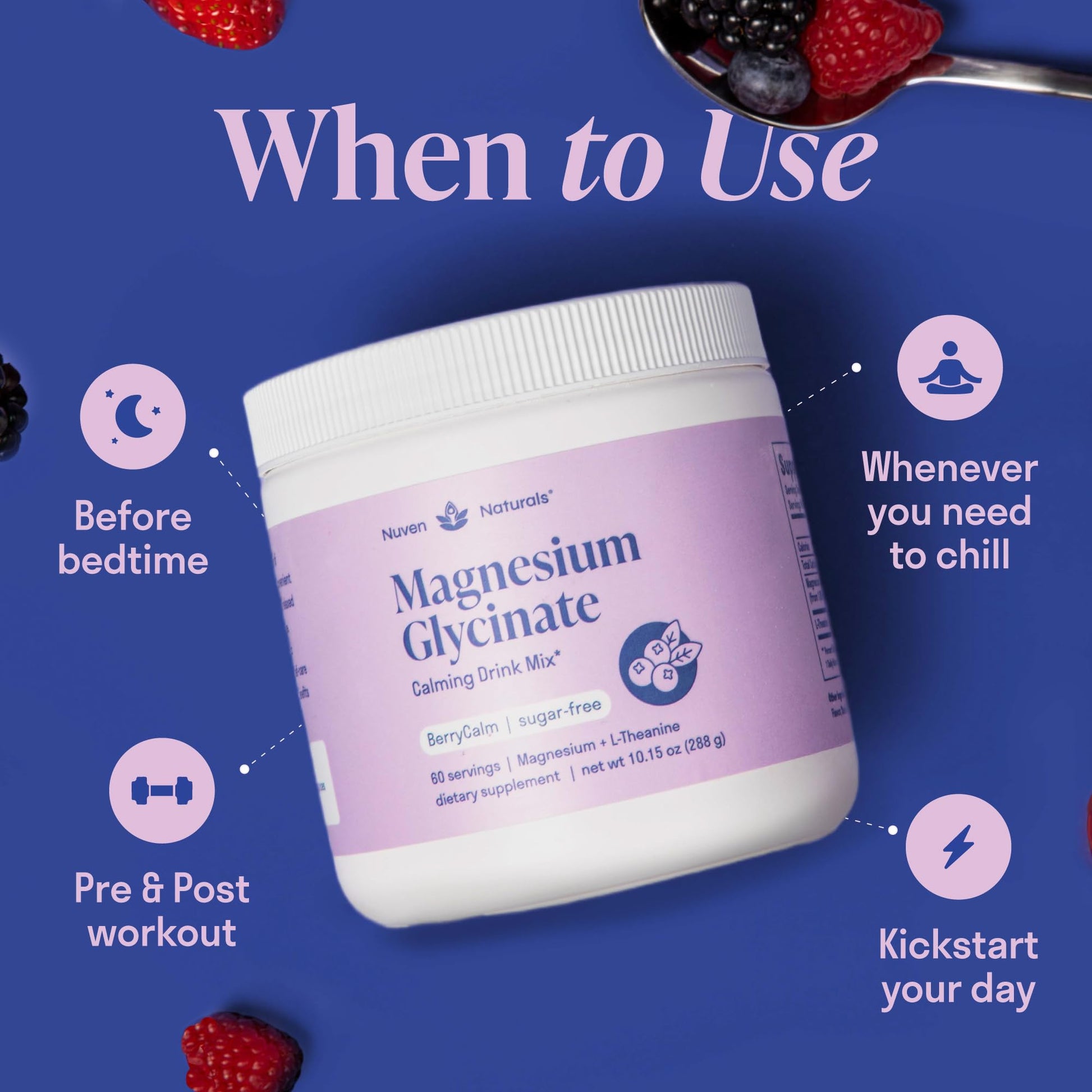 Magnesium Glycinate Powder + L-Theanine | 60 Servings | 300 mg per Scoop High Absorption Chelated Magnesium Powder for Sleep - Natural Mixed Berry Flavor, No Sugar, Support Restful Sleep & Relaxation Nuven NaturalsBuy Supplements Australia