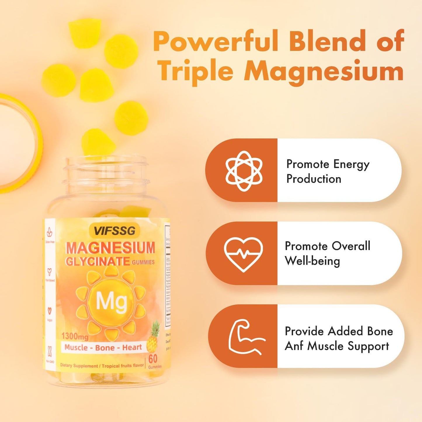 VIFSSG Magnesium Glycinate Gummies 500 Mg, Triple Magnesium Complex Sugar-Free Gummies with Malate 400 Mg, Citrate 400 Mg, Magnesium Supplement Chewable