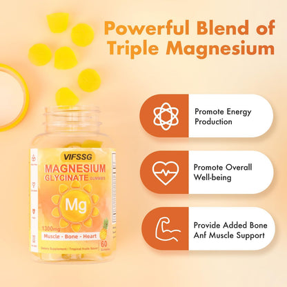 VIFSSG Magnesium Glycinate Gummies 500 Mg, Triple Magnesium Complex Sugar-Free Gummies with Malate 400 Mg, Citrate 400 Mg, Magnesium Supplement Chewable