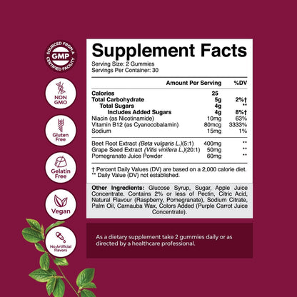 Flow Boosting Beet Root Gummies - Invigorating Beet Gummies for Adults Nitric Oxide Energy & Heart Health Support with Grapeseed Pomegranate & Vitamin B12 - Vegan Non-GMO & Gluten Free - 60 Count Natures CraftBuy Supplements Australia