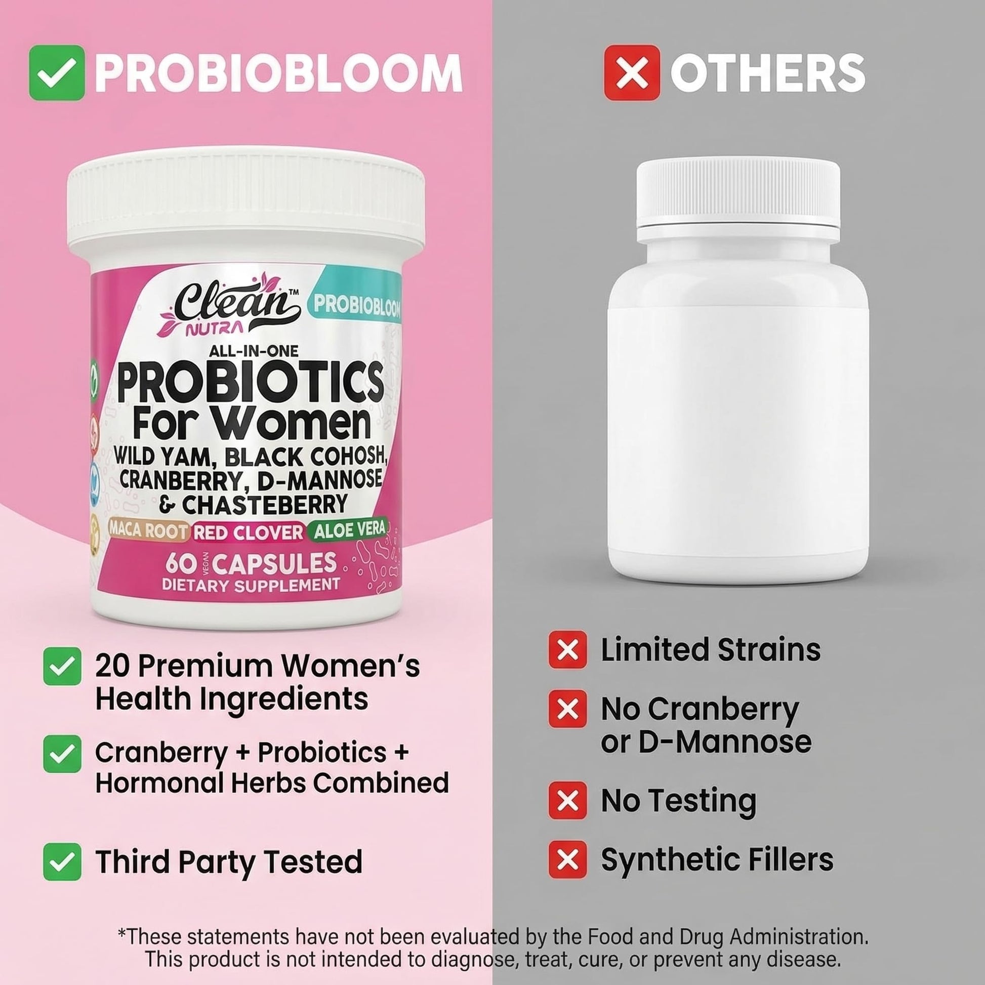 Clean Nutraceuticals Probiotics for Women with D Mannose, Cranberry Extract, Wild Yam, Chasteberry - 20 Probiotic and Prebiotic Strains - PH Balance, Womens Probiotic for Digestive Health - 60 Count Clean NutraceuticalsBuy Supplements Australia