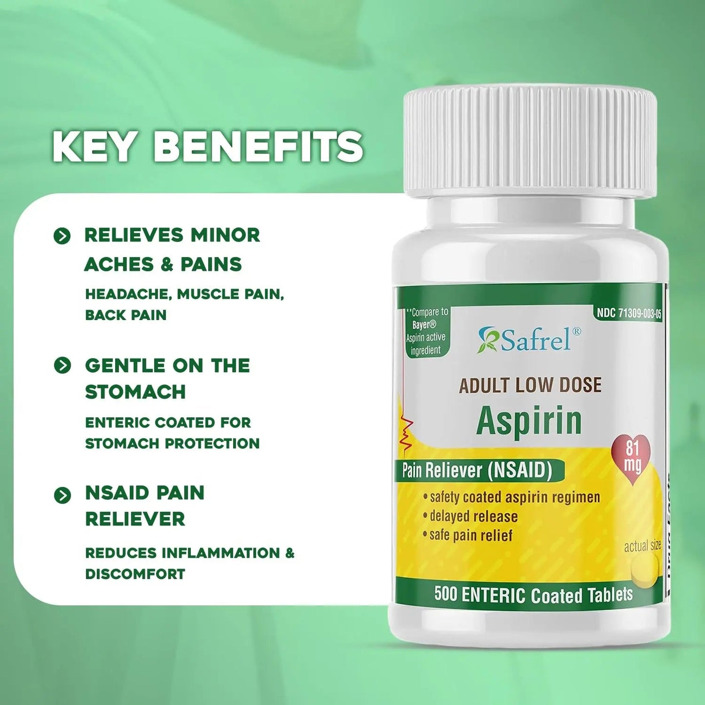 Safrel Generic Bayer Baby Aspirin 81 mg (500 Enteric Coated Tablets) | Adult Low Dose Strength Safe Pain Reliever (NSAID) for Minor Aches | Value Pack SafrelBuy Supplements Australia