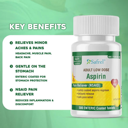 Safrel Generic Bayer Baby Aspirin 81 mg (500 Enteric Coated Tablets) | Adult Low Dose Strength Safe Pain Reliever (NSAID) for Minor Aches | Value Pack SafrelBuy Supplements Australia