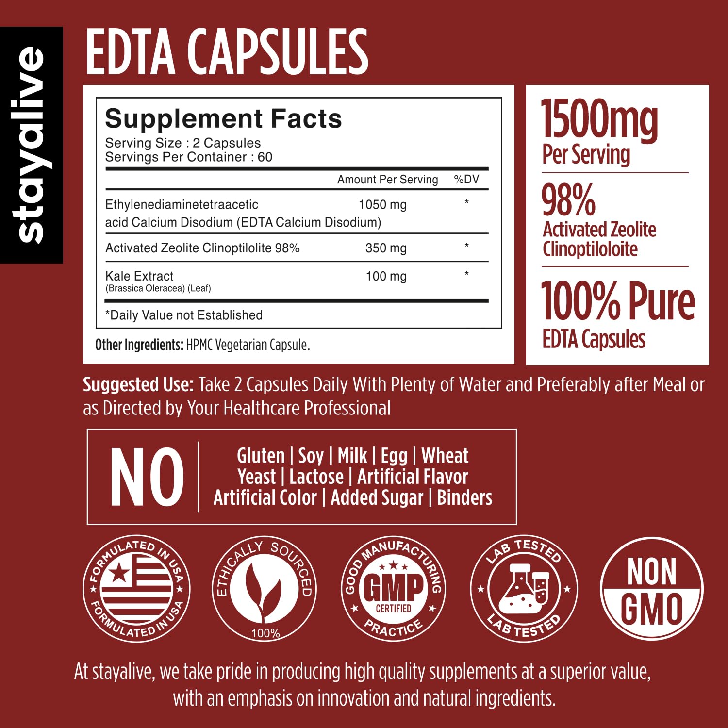 STAY ALIVE EDTA Capsules 1500mg with Zeolite 98% and Kale Extract Powder, 120 Pills, Non-GMO & Gluten Free Calcium Disodium EDTA Supplement STAY ALIVEBuy Supplements Australia