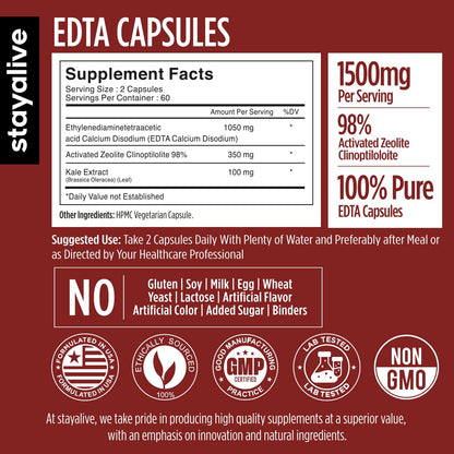 STAY ALIVE EDTA Capsules 1500mg with Zeolite 98% and Kale Extract Powder, 120 Pills, Non-GMO & Gluten Free Calcium Disodium EDTA Supplement STAY ALIVEBuy Supplements Australia