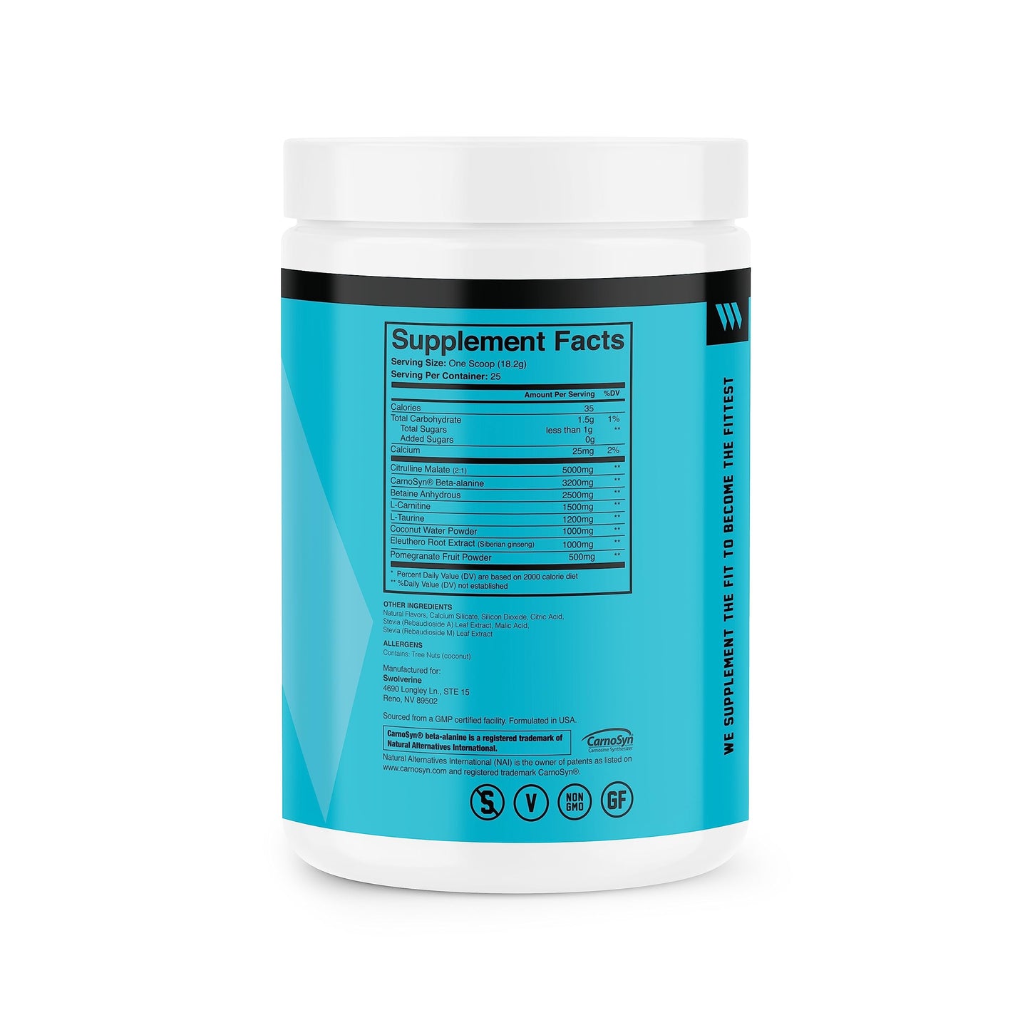 Swolverine PRE-Workout | Citrulline Malate, Carnosyn Beta Alanine, Carnitine, Ginseng, Pomegranate, Betaine, Coconut Water Endurance, Energy, Strength, Vegan, Gluten Free, Non-GMO (25 Servings)