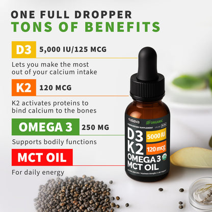 (2 Pack) Organic Vitamin D3 K2 Drops with MCT Oil Omega 3, 5000 IU, Maximum Strength Vitamin D Liquid, No Fillers, Non-GMO Liquid D3 for Faster Absorption and Immune Support (Unflavored, 2 Fl Oz) NUSAVABuy Supplements Australia