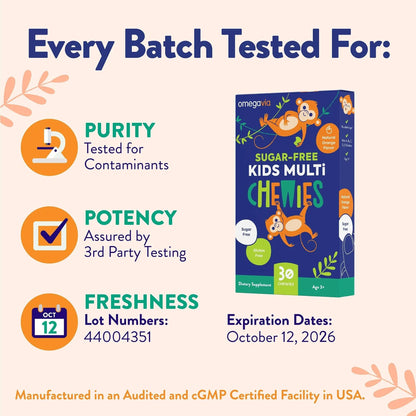 OmegaVia Sugar Free Kids Multivitamin Chewies - Daily Chewable Gummy Vitamins for Kids 3+ OmegaVia