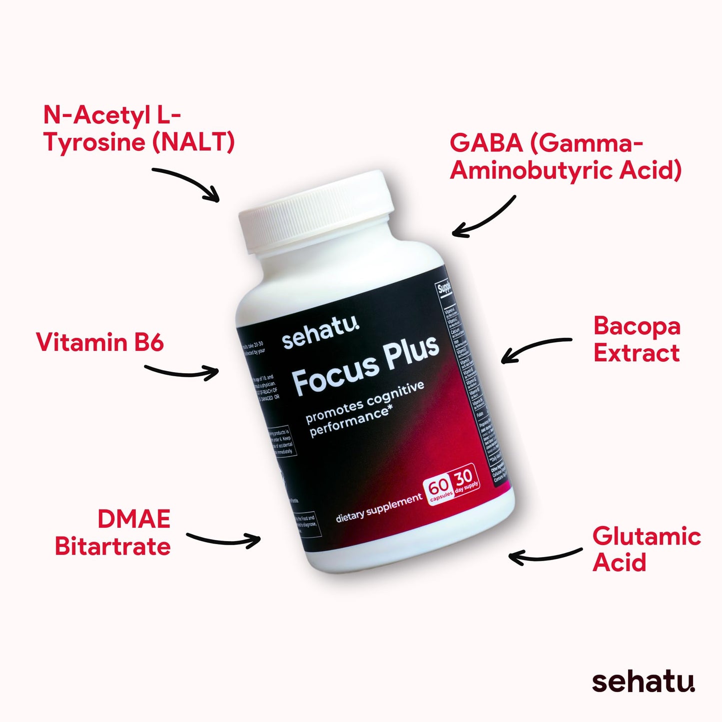 SEHATU Focus Plus Cognitive Performance Enhancer | with N-Acetyl L-Tyrosine, DMAE Bitartrate, GABA, Glutamic Acid | Boosts Focus, Enhances Memory, Supports Brain Health | 60 Count | 30 Day Supply SEHATUBuy Supplements Australia