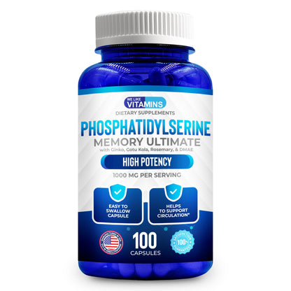 We Like Vitamins Phosphatidylserine Supplement with Gingko Biloba, Gotu Kola, DMAE - Improves Focus, Memory, Cognitive Function - Soy-Free 1000mg Memory Ultimate Complex - 100 Easy-to-Swallow Capsules We Like VitaminsBuy Supplements Australia
