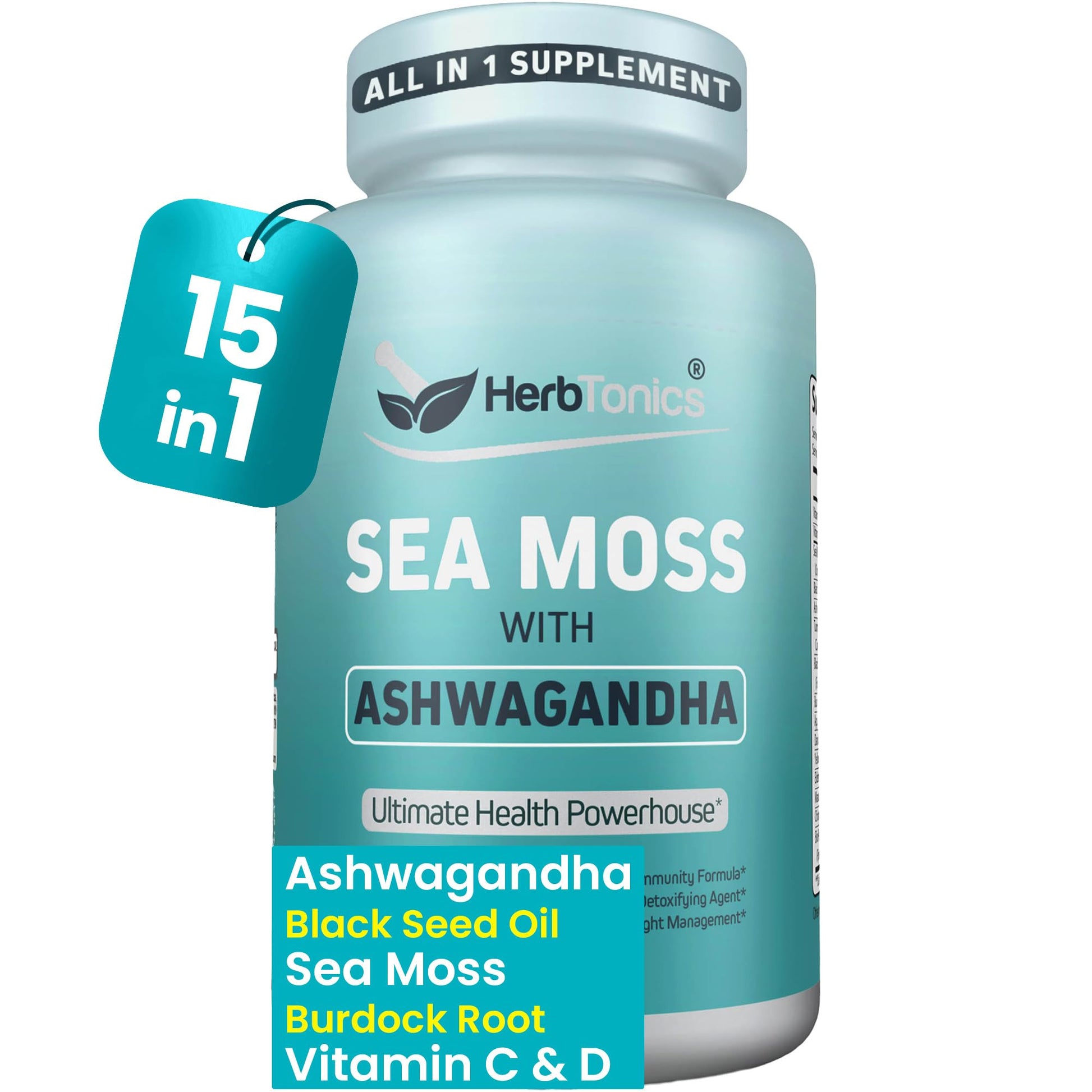 Herbtonics Sea Moss, Black Cumin Seed, Ashwagandha, Burdock Root & ACV Complex | Manage Immunity, Stress & Digestion Support | 60 Capsules (2 Capsules Per Serving) HerbtonicsBuy Supplements Australia