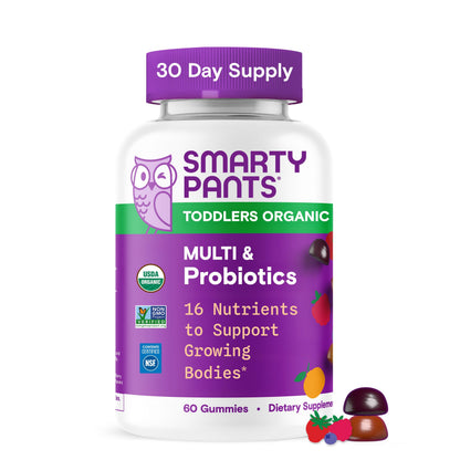 SmartyPants Organic Toddler Multivitamin Gummies: Probiotics, Omega 3 (ALA), Vitamin D3, C, Vitamin B12, B6, A, K & Zinc, Beta Carotene, Gluten Free