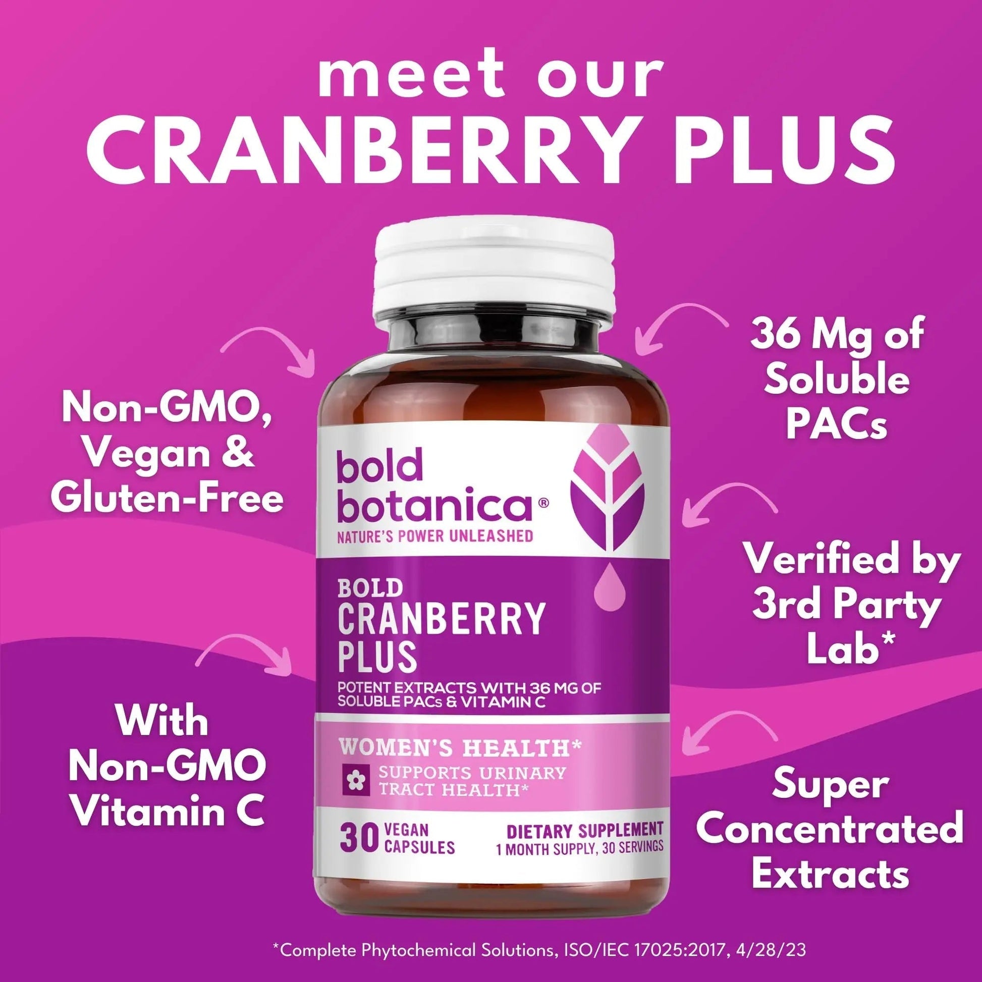 Bold Cranberry Plus Capsules - 100% Soluble 36mg PACs - Cranberry Pills for Women & Men with Urinary Tract Support, Non-GMO Vitamin C — 30 Vegan Capsules, 1 Month Supply Bold BotanicaBuy Supplements Australia