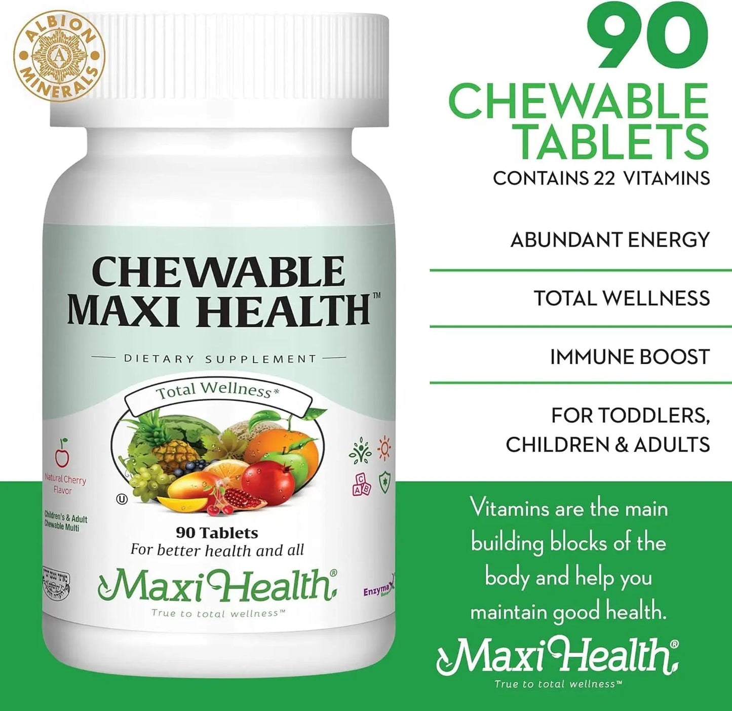 Maxi Health Chewable Multivitamin for Kids, Teens and Adults - Cherry Chewable Vitamins for Adults & Children Maxi Health