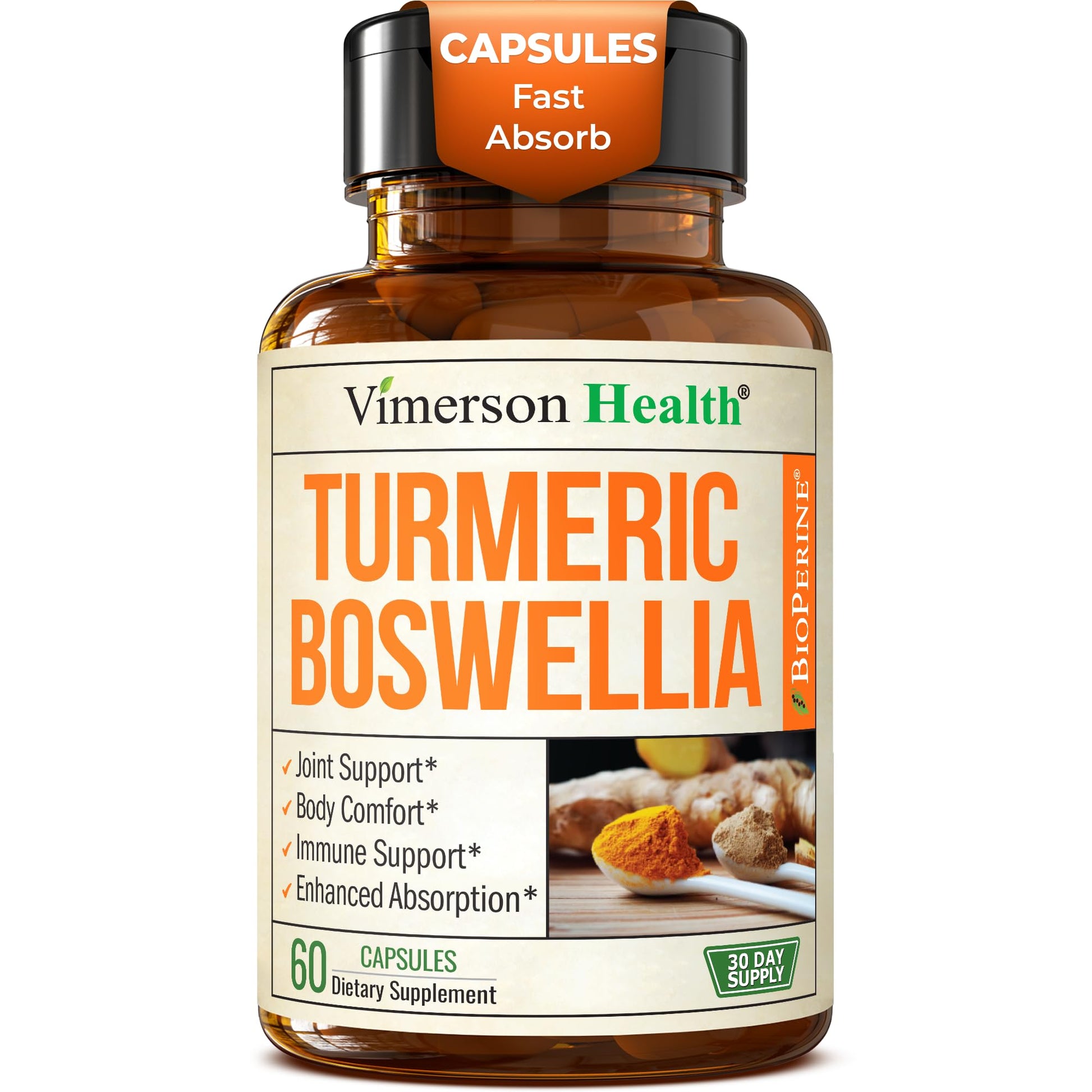 Turmeric Supplement w/Boswellia Serrata – Daily Support for Joint Health & Comfort – Organic Turmeric Curcumin Powder, Bioperine for Enhanced Absorption & Ginger Root – 60 Boswellia Extract Capsules Vimerson HealthBuy Supplements Australia