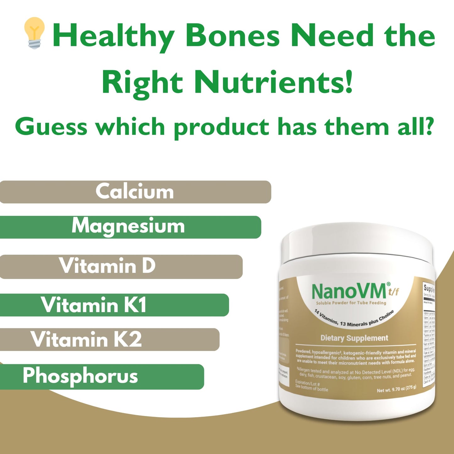 NanoVM t/f, Dietary Supplement for Tube Feeding, Allergen-Free Kids Multivitamin, Unflavored Vitamin Powder with 14 Vitamins & 13 Minerals, Low-Carb Kids Vitamins, 275g - Solace Nutrition NanoVMBuy Supplements Australia