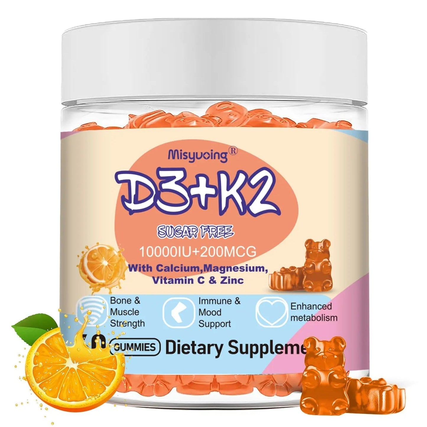 Misyvoing Vitamin D3 K2 Sugar-Free Gummies,Vitamin D3 10000 IU with K2 200mcg,VitaminC,Calcium,Magnesium,Zinc,Support for Bones Misyvoing