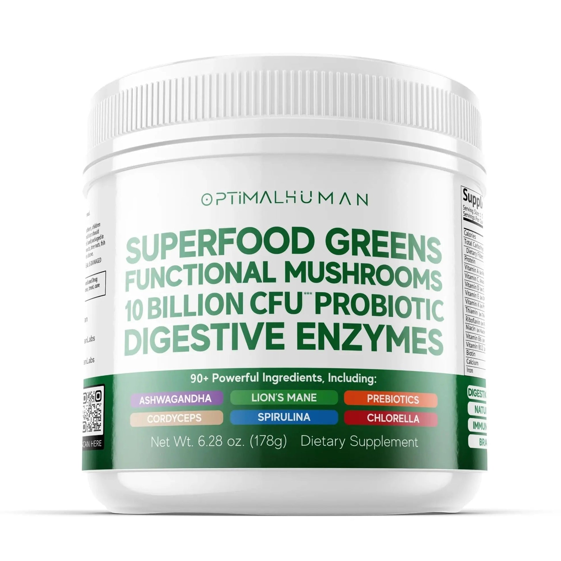 Optimal Human Superfood Greens Powder – 90+ Ingredient Blend with Lion’s Mane Supplement, Ashwagandha & Turmeric O H