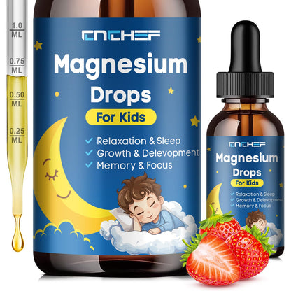 Magnesium Drops - Magnesium Glycinate Liquid Drops for Kids - Calm, Sleep, Relaxation, Bones, Brain Support with Vitamin B6, C, D3, Omega-3, L-Theanine, Zinc, Multivitamins - Strawberry Flavor 2 Fl Oz CNCHEFBuy Supplements Australia