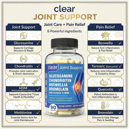 Clear Joint Support - 1500mg Glucosamine Chondroitin MSM - 8 in 1 Joint Health Supplement with Turmeric and Boswellia for Men & Women, Knee, Hip & Back Support, Made in USA, 90 Capsules Clear ProbioticsBuy Supplements Australia