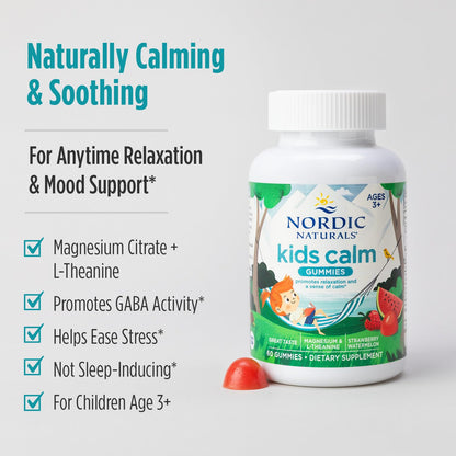 Nordic Naturals Kids Calm Gummies - Strawberry Watermelon - 60 Gummies - Magnesium L-Theanine Supplement - Calming for Kids