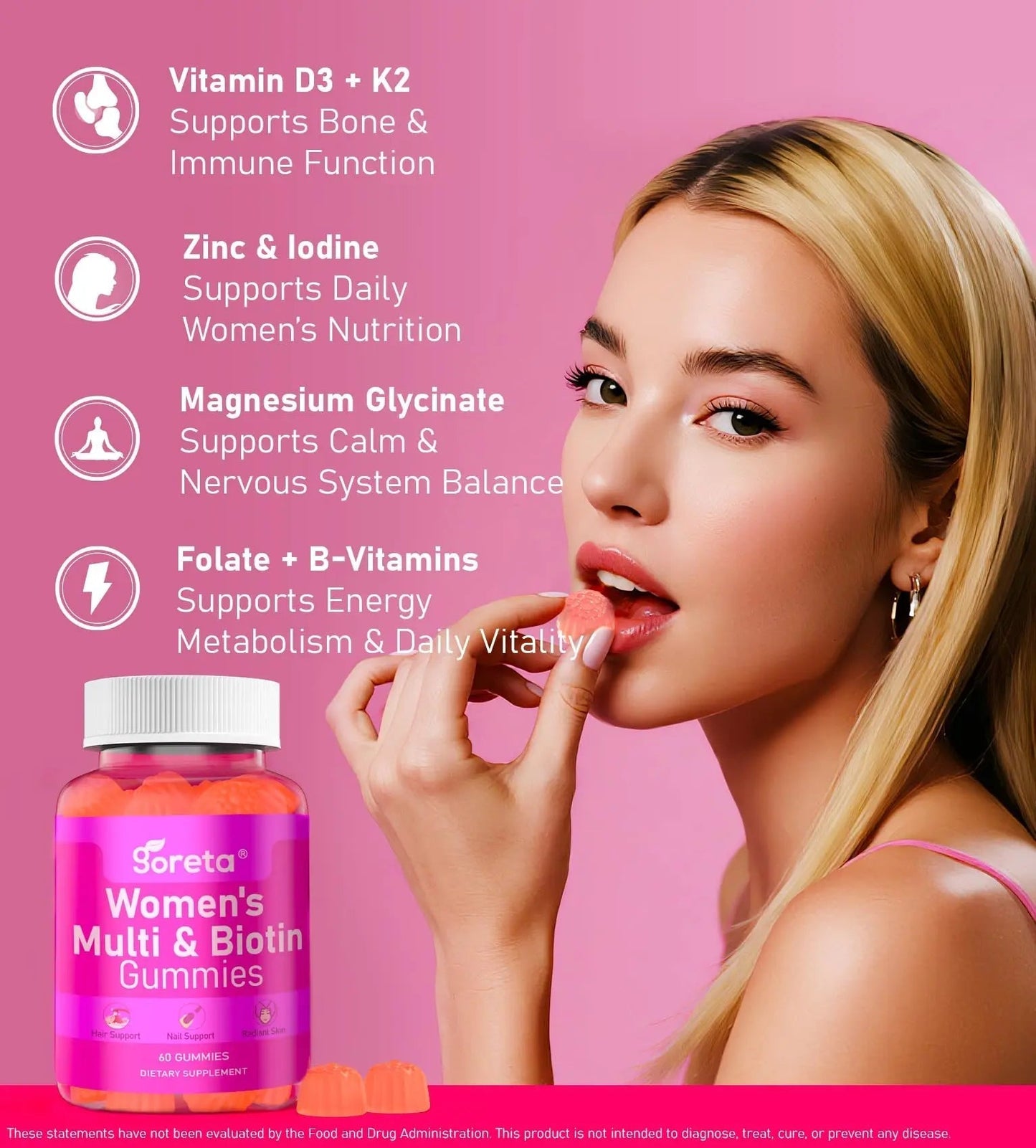Goreta Women’s Multivitamin Gummies with Biotin 2,500 mcg – 15 Key Nutrients, Sugar-Free Mixed Berry, Pectin-Based, 60 Count GoretaBuy Supplements Australia