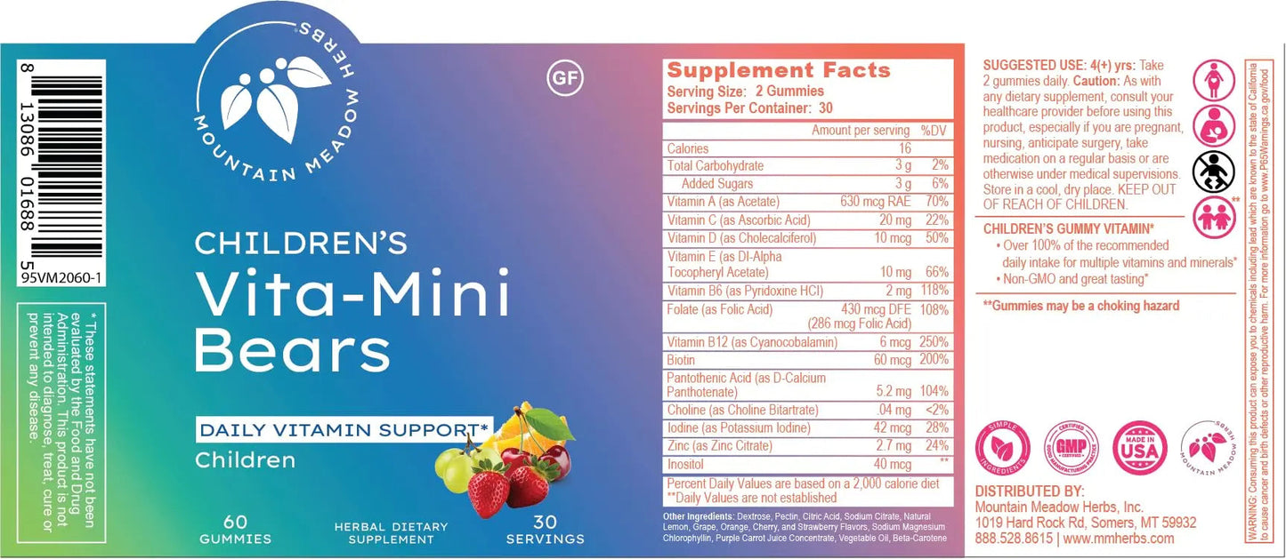 Mountain Meadow Herbs Vita-Mini Bears for Children | Multivitamin with Biotin, Folic & Pantothenic Acid, Iodin, Zinc | Mountain Meadow HerbsBuy Supplements Australia