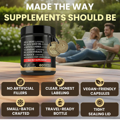 AZ ApexZone True Sea Moss Capsules Black Seed Oil Ashwagandha Burdock Root, Tumeric Supplement with Manuka Honey, Dandelion Root ACV - 60 Capsules - Multi Vitamin AZ ApexZoneBuy Supplements Australia