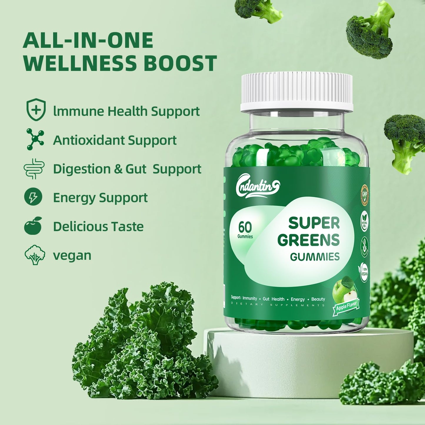Multivitamin Super Greens Gummies - Daily Vegan Gummy Vitamins for Women, Apple Flavor | Organic Blend with Vitamin C, Turmeric, Zinc, Immune Support, Energy Booster, Metabolism | 60 Count CNDANTINGBuy Supplements Australia
