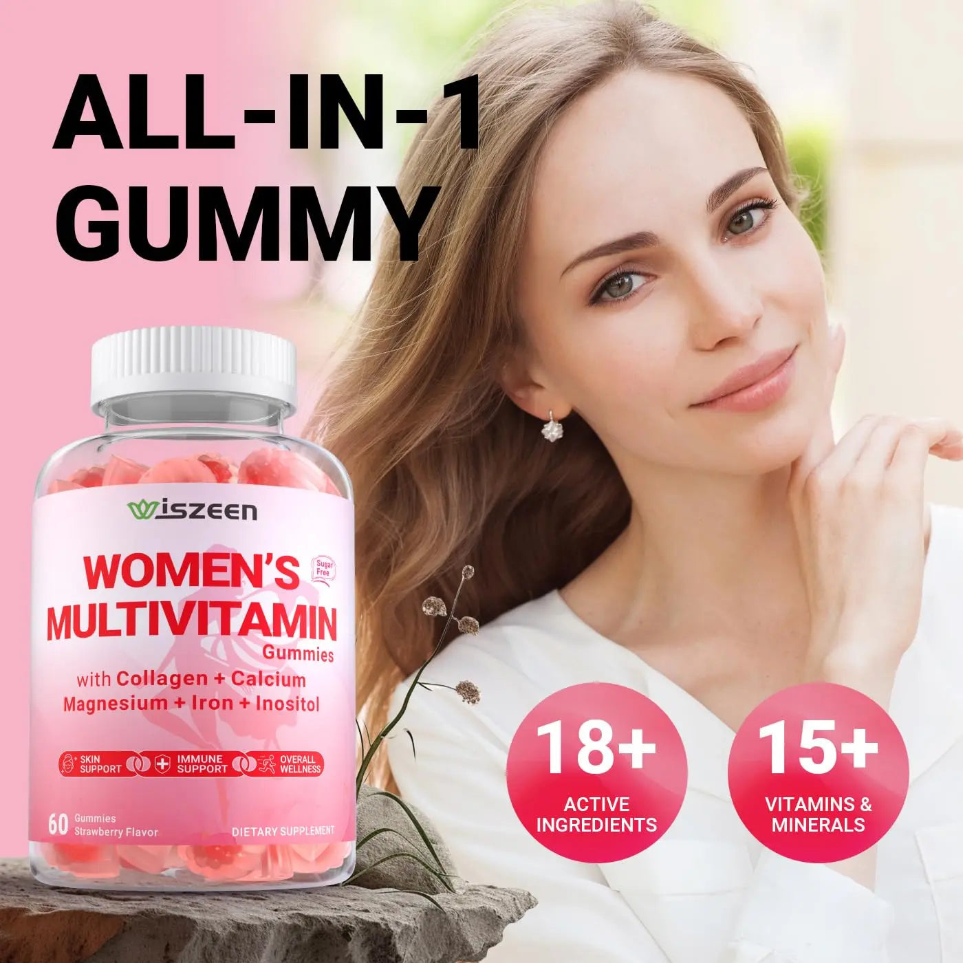 Wiszeen Sugar Free Methylated Multivitamin for Women Gummies, Biotin, Collagen, Calcium, Magnesium, Inositol, Folate, Iron, Vitamin A, C, D, E Wiszeen