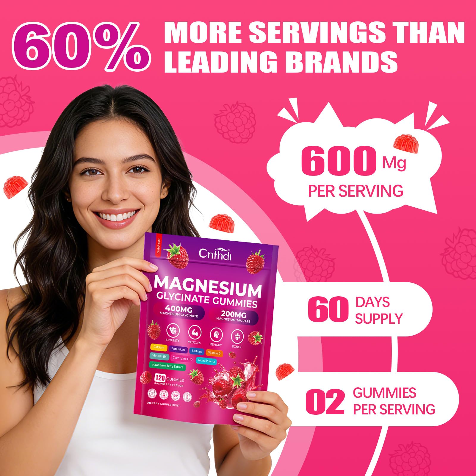 CNFHDI Magnesium Glycinate Gummies 600mg, 120 Counts Chews Sugar Free Magnesium Gummies for Adults & Kids with Calcium, Zinc & CQ10, Potassium Supplements for Zzz, Brain, Muscle & Relax CNFHDIBuy Supplements Australia
