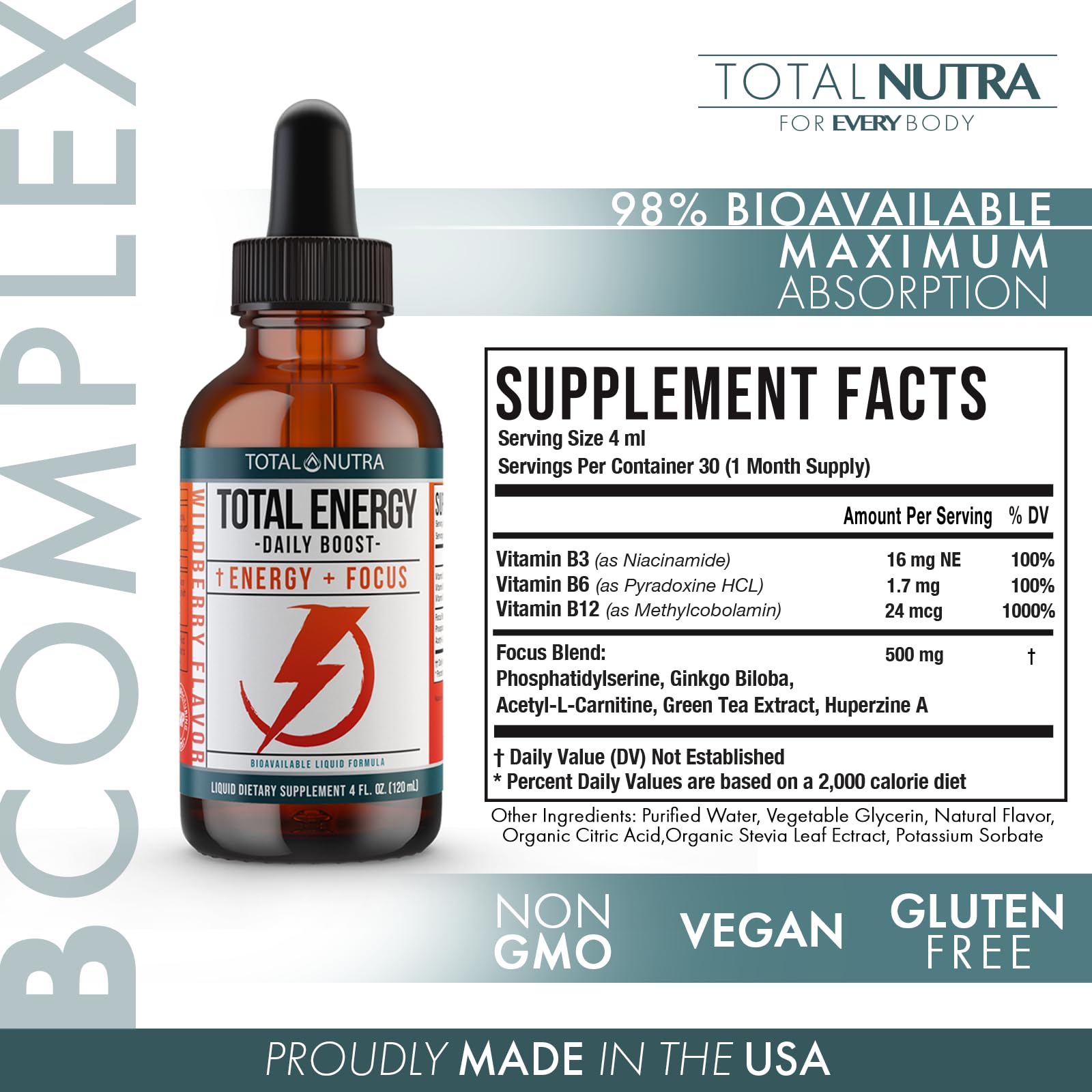 Extra Strength Vitamin B Complex Drops- B Vitamins B12, B6, B3- Vegan and Non GMO Total NutraBuy Supplements Australia