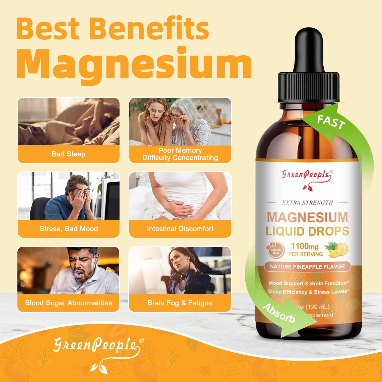 GREENPEOPLE Magnesium Glycinate Liquid Drop - 17-in-1 4Fl. Oz Triple Magnesium Complex Supplement with Glycinate 400mg & Citrate 500mg Taurate/L-Theanine for Calm Mood/Muscle/Sleep,Pineapple Flavor GREENPEOPLEBuy Supplements Australia
