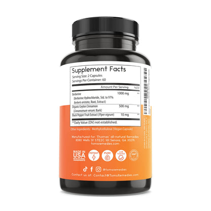 Thomas' all-natural Remedies Berberine 500mg (1000mg Per Serving)- 120 Vegan Capsules Thomas' all-natural RemediesBuy Supplements Australia