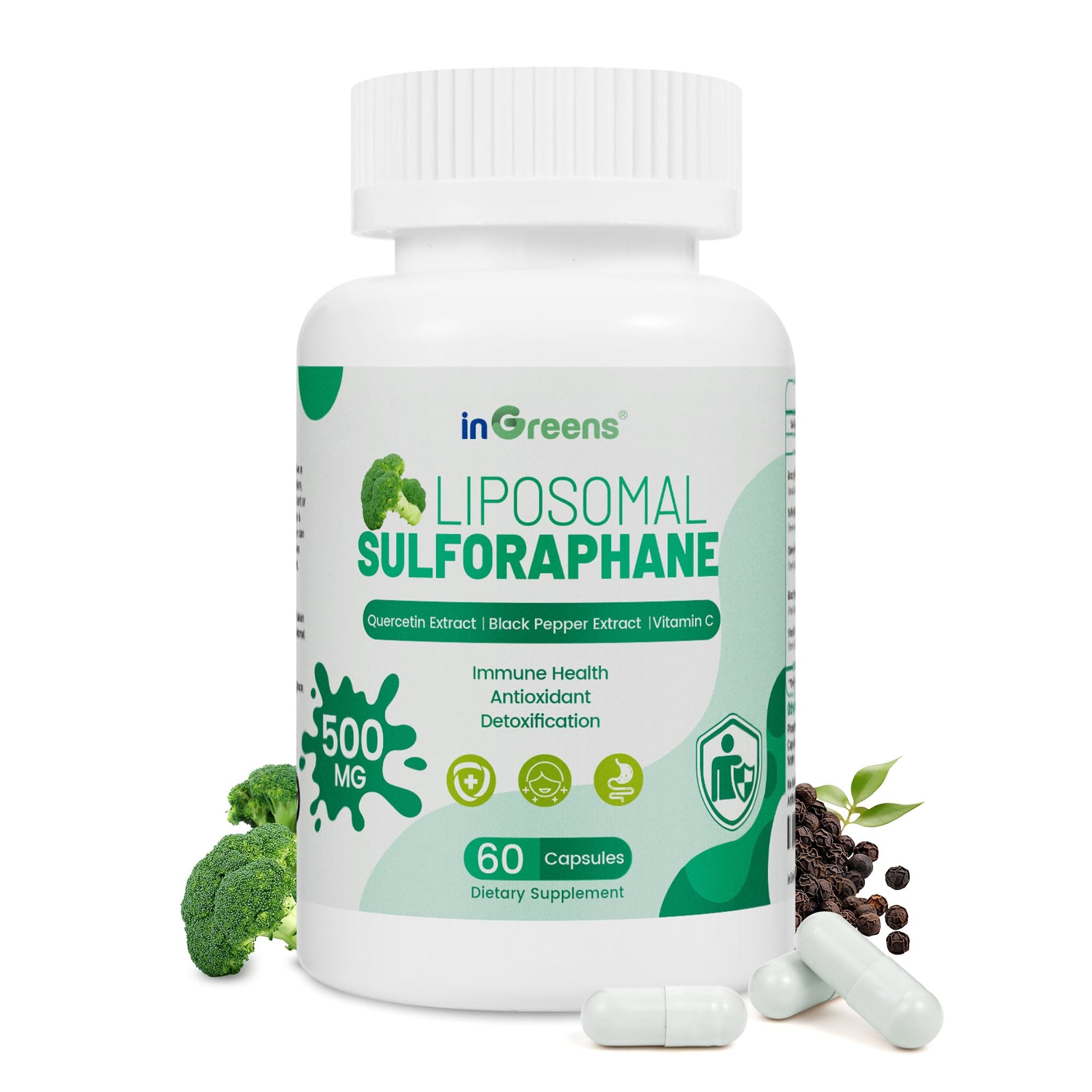 Liposomal Sulforaphane 500mg Supplement from Broccoli Extract with Quercetin, Black Pepper & Vitamin C – Antioxidant, Detox & Cellular Support, Cellular Health Formula for Men & Women, 60 Capsules inGreensBuy Supplements Australia