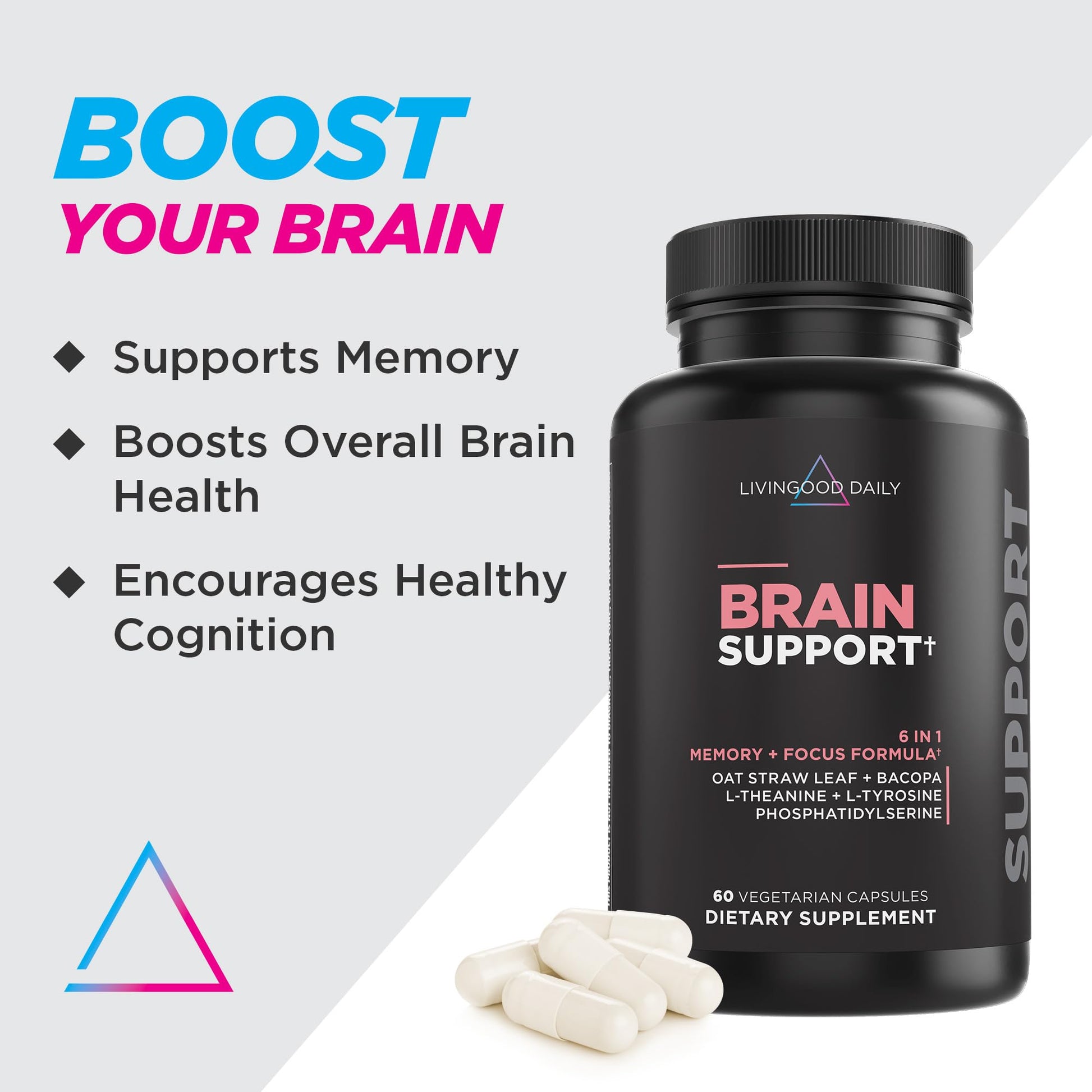 Livingood Daily Brain Supplements for Memory & Focus, Nootropic Pills with Bacopa, L Theanine, L Tyrosine, Amino Acids & More, Cognitive Support for Men & Women, Vegan, Gluten Free, 60 Capsules Livingood DailyBuy Supplements Australia