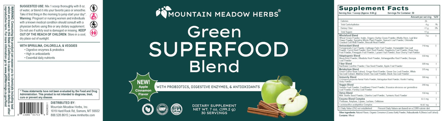 Mountain Meadow Herbs Green Superfood Blend – Spirulina, Chlorella, Mushrooms, Probiotics, Digestive Enzymes, Antioxidants – Organic Greens Powder for Energy & Gut Health – 30 Servings Mountain Meadow HerbsBuy Supplements Australia