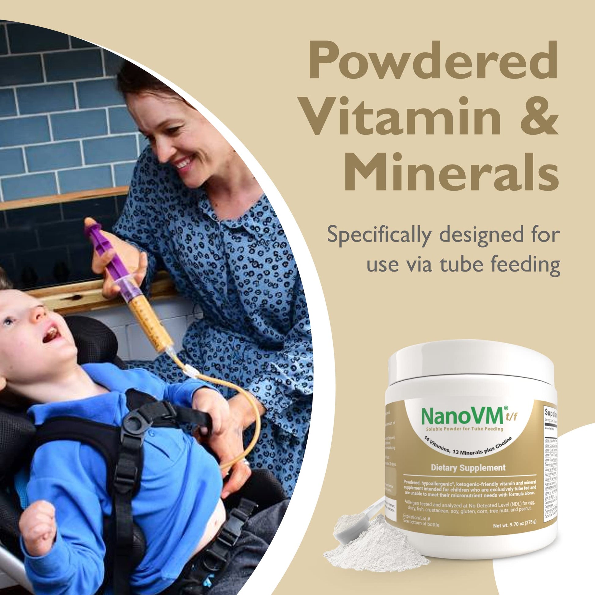 NanoVM t/f, Dietary Supplement for Tube Feeding, Allergen-Free Kids Multivitamin, Unflavored Vitamin Powder with 14 Vitamins & 13 Minerals, Low-Carb Kids Vitamins, 275g - Solace Nutrition NanoVMBuy Supplements Australia