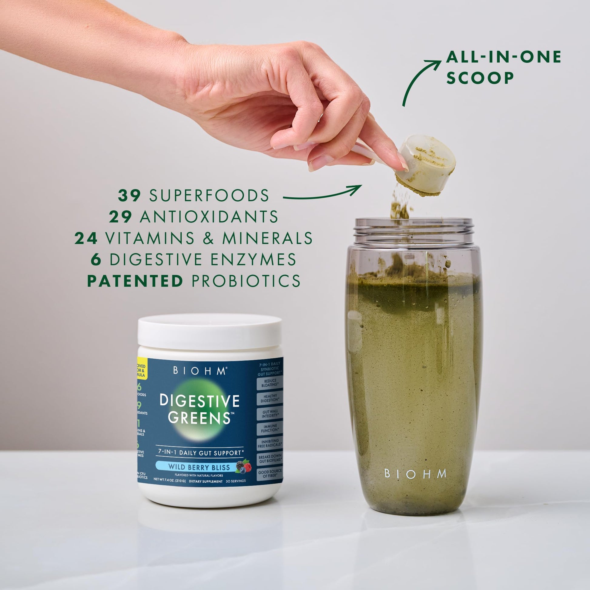 BIOHM Digestive Greens, Green Superfood Powder (7.4 Oz, 30 Servings) Immune & Gut Health Support with Antioxidants, Vitamins, Probiotics & Enzymes, Good Source of Fiber, Berry Flavor BIOHMBuy Supplements Australia