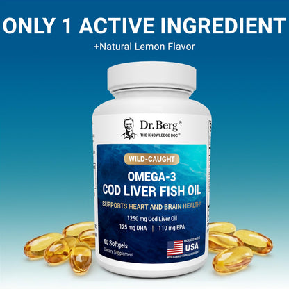 Dr. Berg Omega-3 Cod Liver Fish Oil 60 Softgels – Wild-Caught Icelandic Cod – Omega 3 EPA & DHA – Heart, Brain, Immune & Eye Support* – Lemon Flavor – 4X Lab-Tested – Non-GMO, No Fillers Dr. Berg NutritionalsBuy Supplements Australia