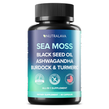 NUTRALAVA Sea Moss Pills, All-in-One Blend with Irish Sea Moss Black Seed Oil Ashwagandha, Sea Moss Capsules for Women and Men - Gluten-Free, Non-GMO, 60 Capsules NUTRALAVABuy Supplements Australia