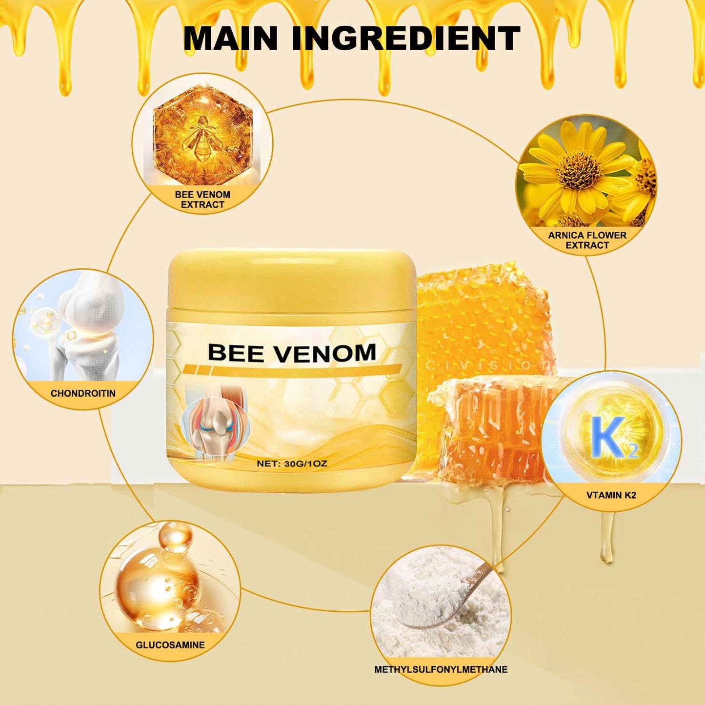 Botou 2PCS New Bee Venom Professional Joint Cream, for Neck, Waist, Back, Hands, Feet and Legs Advanced Bee Propolis Joint Cream, yellow BotouBuy Supplements Australia