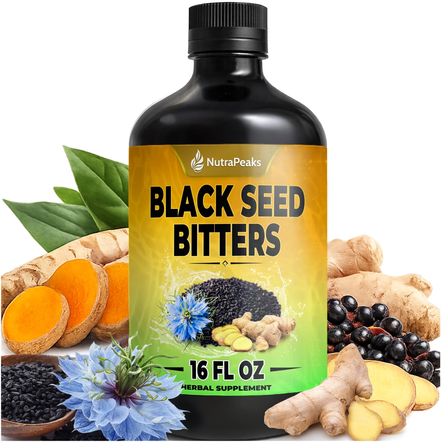 Black Seed Oil Bitters Liquid - Premium Herbal Blend with Black Seed Extract, Curcumin (Turmeric Extract), Ashwagandha, Elderberry, Probiotics, Vitamin C, Zinc...16 fl oz | Natural Botanical Blend NutraPeaksBuy Supplements Australia