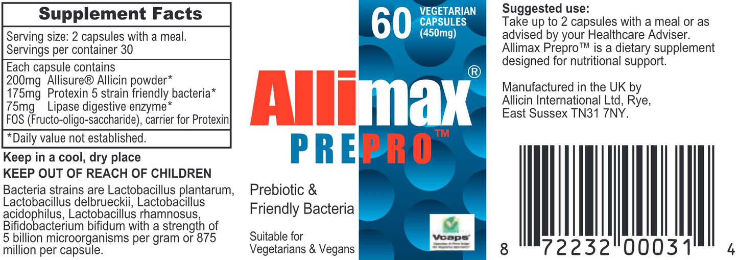 ALLIMAX Pre Pro - 60 Caps. Stabilized allicin Plus prebiotics, probiotics and Digestive enzymes. ALLIMAXBuy Supplements Australia