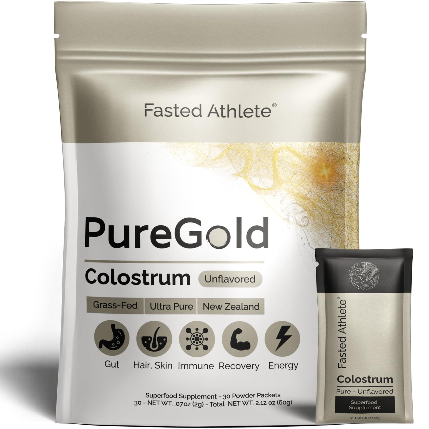 PureGold - Bovine Colostrum Powder - 100% Pure New Zealand Grass Fed, Supports Gut Health, Skin, Hair, & Immunity – Colostrum Supplement, Unflavored, 30 Travel Packets Fasted AthleteBuy Supplements Australia