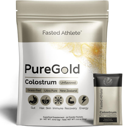 PureGold - Bovine Colostrum Powder - 100% Pure New Zealand Grass Fed, Supports Gut Health, Skin, Hair, & Immunity – Colostrum Supplement, Unflavored, 30 Travel Packets Fasted AthleteBuy Supplements Australia