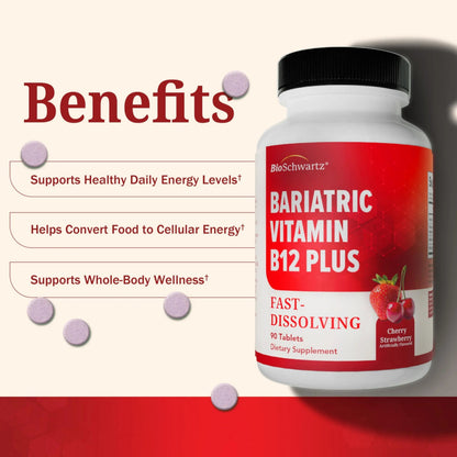 BioSchwartz Bariatric B12 Plus Dissolvable Tablets - 1000mcg Vitamin B12, Vitamin B6, Folate, Biotin - Cherry Strawberry Flavor BioSchwartz