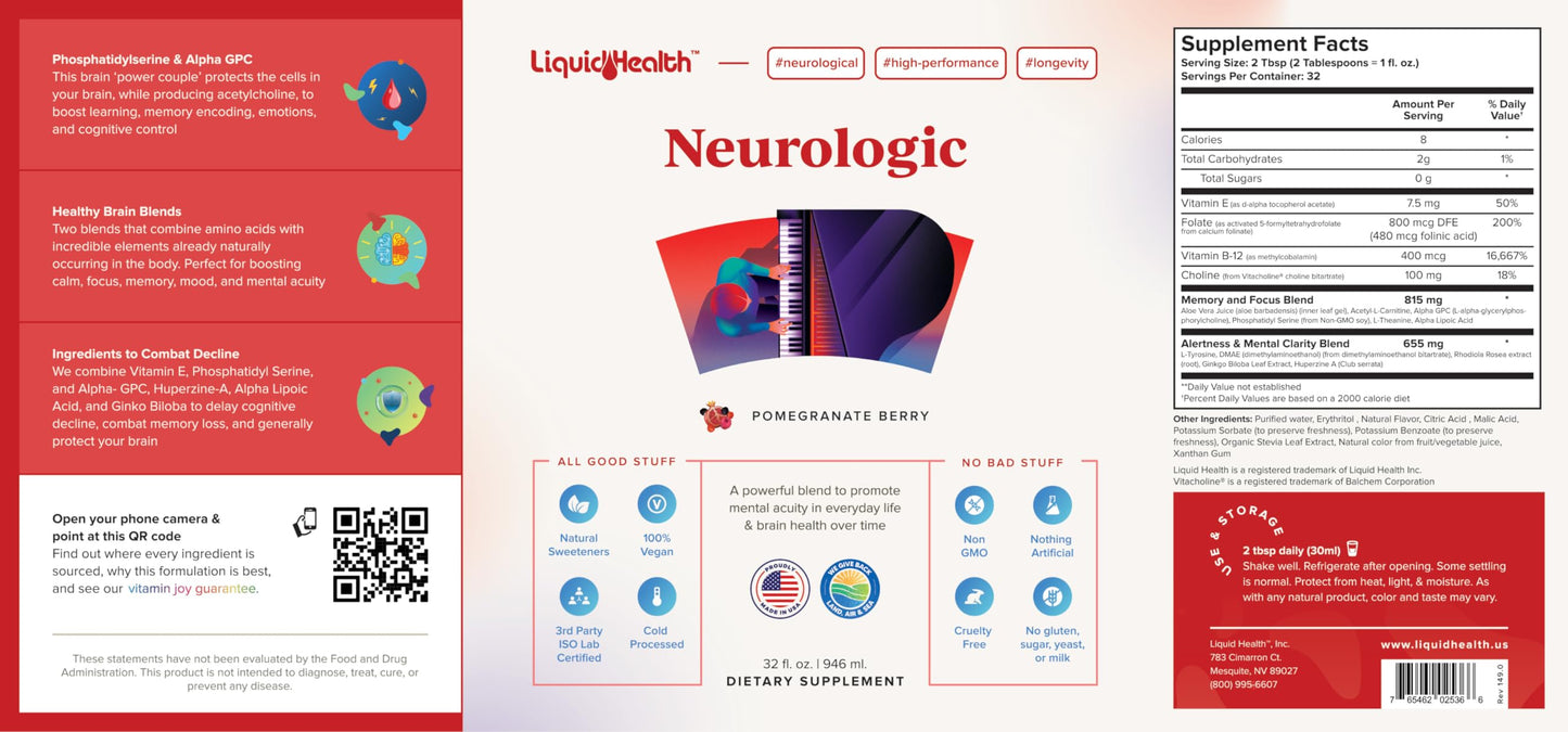 LIQUIDHEALTH Neurologic Focus Supplement - Brain Booster Nootropic Supplement for Cognitive Function, Memory & Focus with Ginkgo Biloba, Choline, L-Theanine & Phosphatidylserine - USA Made (2 Pack) LIQUIDHEALTHBuy Supplements Australia